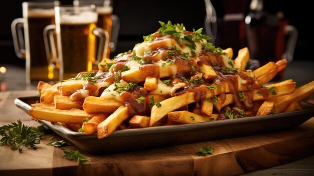 a plate of french fries with gravy and gravy on top