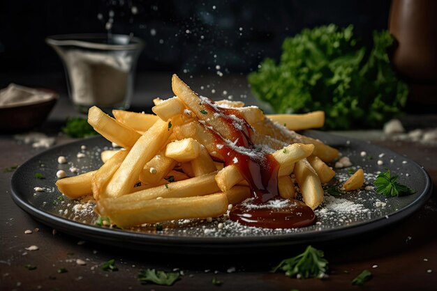 A plate of french fries with a ketchup on it and a bottle of ketchup on the side.