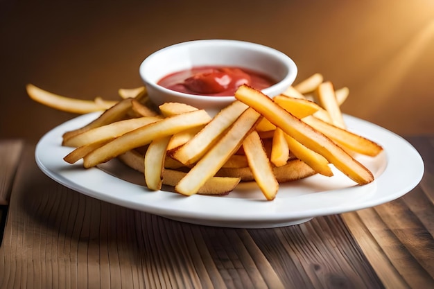 A plate of french fries with ketchup and ketchup on a table
