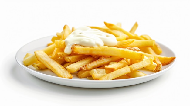 Photo a plate of french fries with mayonnaise and mayonnaise