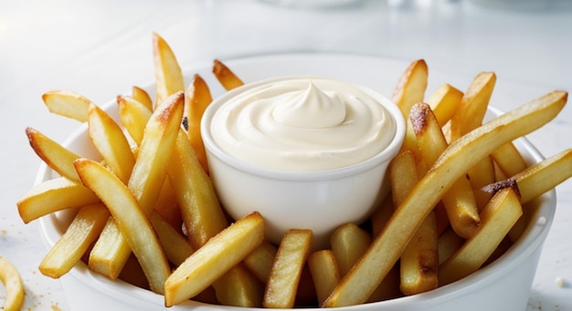 A plate of french fries with mayonnaise on top of it.