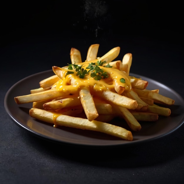 A plate of french fries with melted cheese