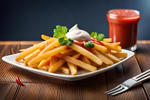 A plate of french fries with a red drink and a bottle of ketchup.