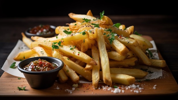 A plate of french fries with a small bowl of sauce on the side.