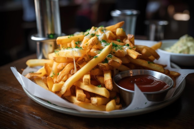 A plate of french fries with a small container of ketchup on the side.