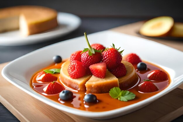 A plate of french toast with a strawberry and blueberries on top