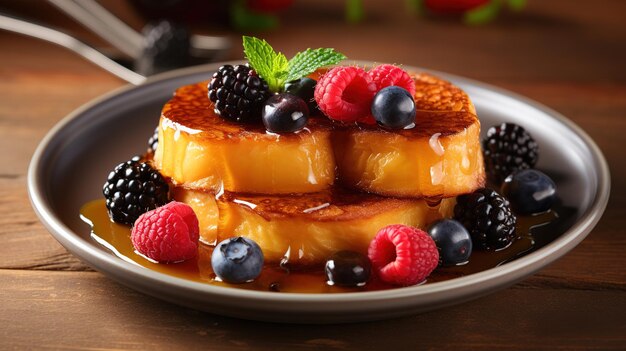 Тарелка французских тостов с свежими ягодами сверху с медом и кленовым сиропом