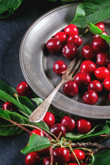 Plate of fresh cherries