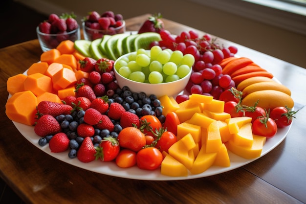 Plate of fresh fruits and vegetables ready to be eaten created with generative ai