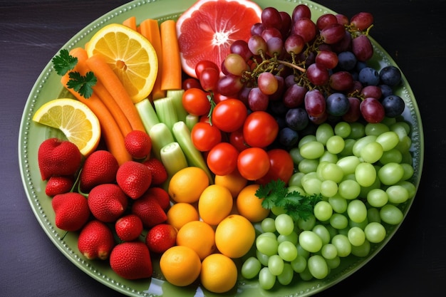 생성 AI로 만든 다양한 색상의 신선한 과일과 채소 접시