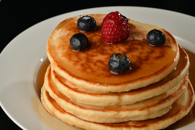 plate of fresh pancakes with berries, pancake, delicious breakfast, local sweets, sugars, fresh