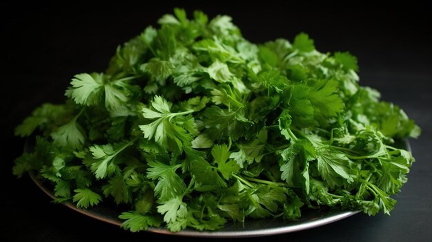 A plate of fresh parsley is shown on a black background.