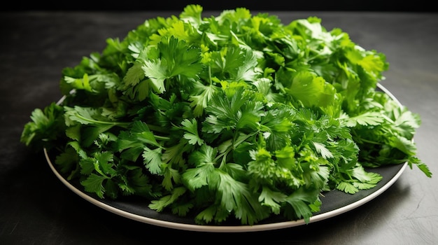 A plate of fresh parsley is shown.