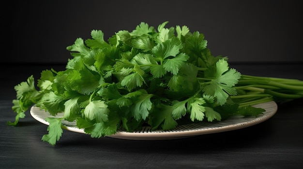 A plate of fresh parsley sits on a table.