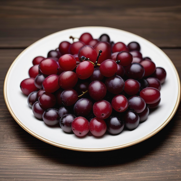 Plate of fresh ripe red grapes on wooden table close up