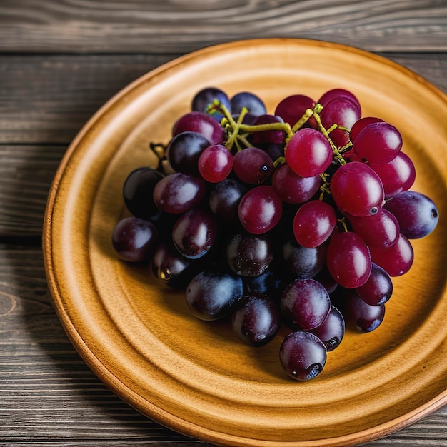 Plate of fresh ripe red grapes on wooden table close up