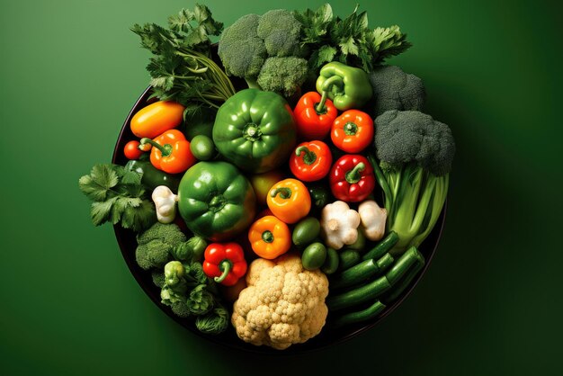 Plate of fresh vegetables on a green background