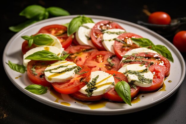 a plate of fresh vegetables including mozzarella, basil, and mozzarella.