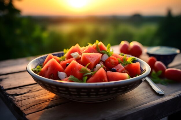 Plate of fresh watermelon salad on wooden table