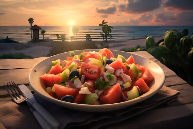 Plate of fresh watermelon salad on wooden table