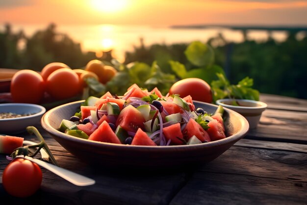 Plate of fresh watermelon salad on wooden table