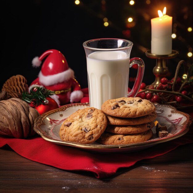 A plate of freshly baked cookies and a glass of milk left out for Santa on Christmas Eve