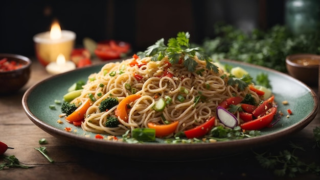 A plate of freshly cooked asian noodles topped with a vibrant mix of vegetables and herbs