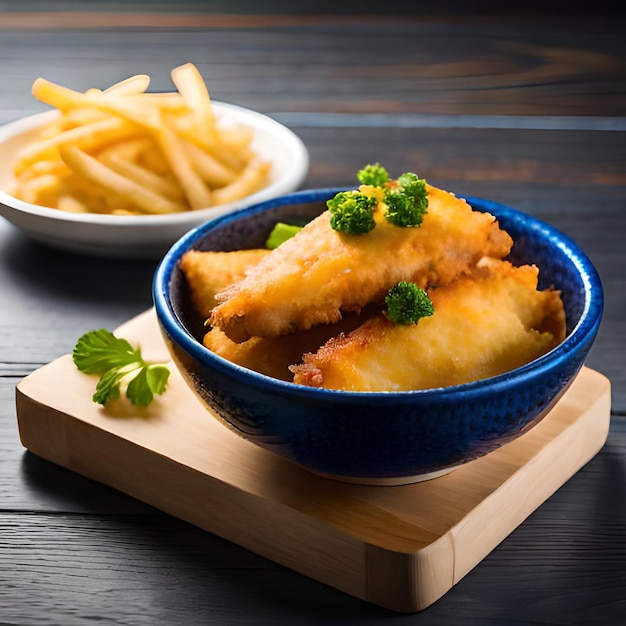 A plate of freshly fried fish chips topped with sauce and a side of crunchy french fries