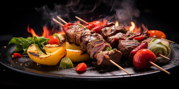 Foto un piatto di kebab appena grigliato