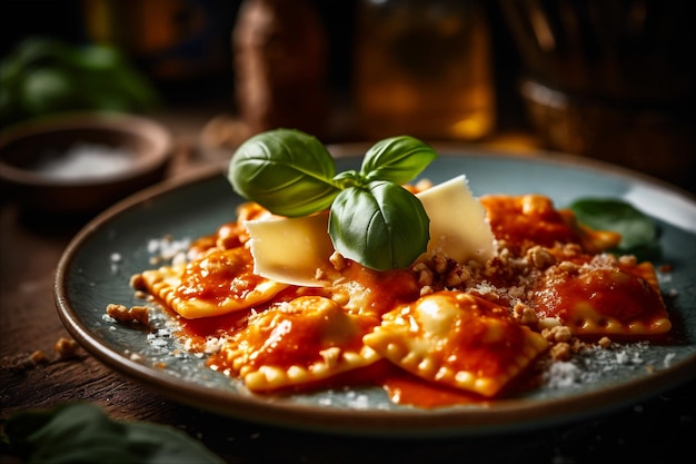 Plate of freshly made ravioli filled with creamy ricotta cheese ai generated