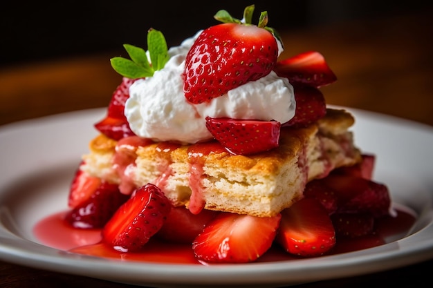 a plate of freshly made strawberry shortcake layered AI generated