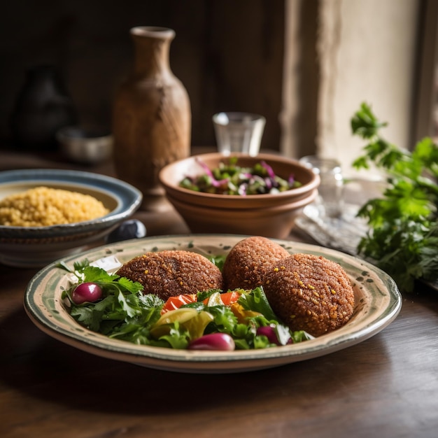 Plate of freshly made syrian kibbeh with traditional ceramic plates and fresh salad in the backgroun