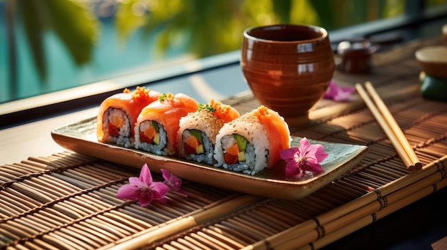 A plate of freshly prepared sushi with a side of wasabi pickled ginger and a drizzle of soy sauce set on a bamboo mat