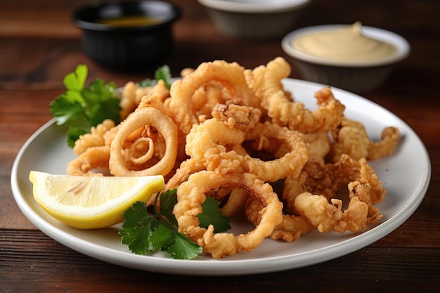 A plate of fried calamari and lemon wedges