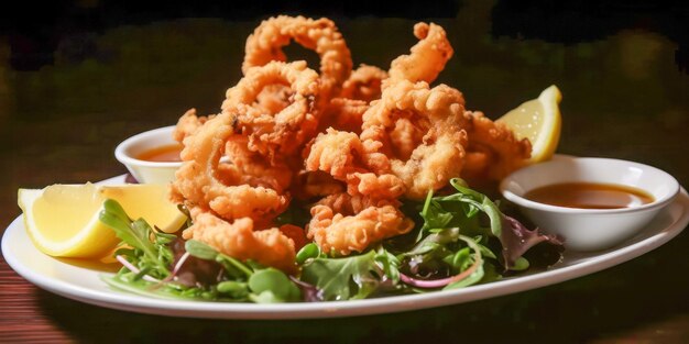 Photo plate of fried calamari on a wooden table