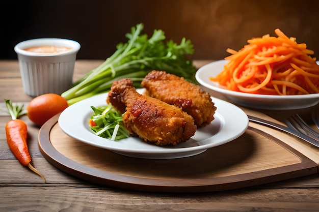 A plate of fried chicken and carrots with a bowl of carrots on the side.