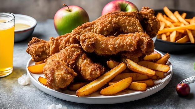 A plate of fried chicken and fries with apples on the side