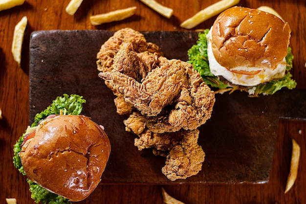 Foto un piatto di pollo fritto e patatine fritte con sopra un hamburger