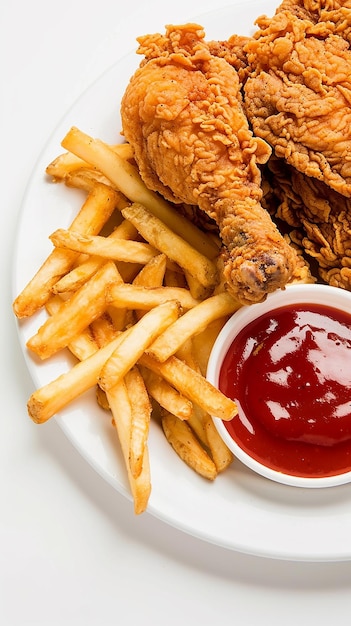 Foto un piatto di pollo fritto e patatine fritte con un tuffo