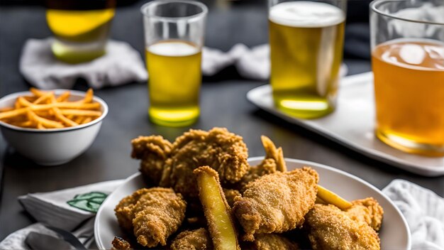 A plate of fried chicken and fries with a glass of beer behind it