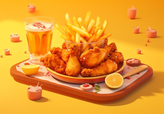 A plate of fried chicken and fries with a glass of beer on the table