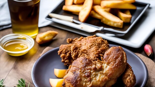 A plate of fried chicken and fries with a glass of beer.