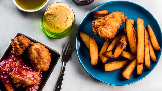 Тарелка жареной курицы и картофеля фри с горчицей на боку