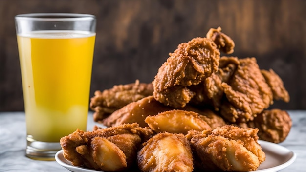 Photo a plate of fried chicken and a glass of orange juice