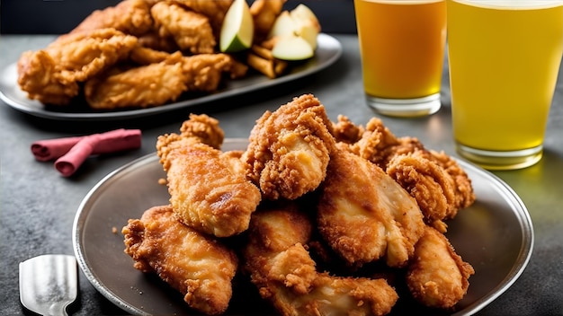 Photo a plate of fried chicken and a glass of orange juice