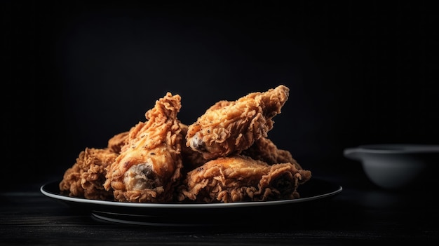 A plate of fried chicken sits on a black table.