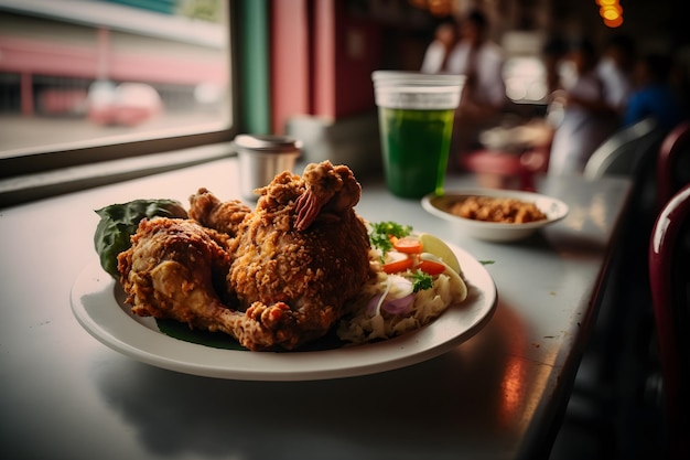 A plate of fried chicken sits on a table with a cup of green juice in the background.