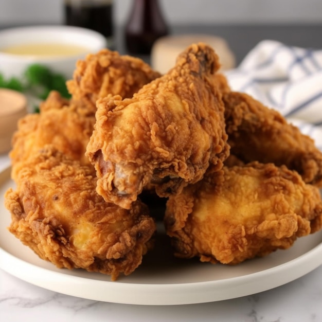 A plate of fried chicken on a table with a bowl of sauce in the background.