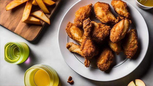 A plate of fried chicken with a bowl of peaches and a glass of honey.