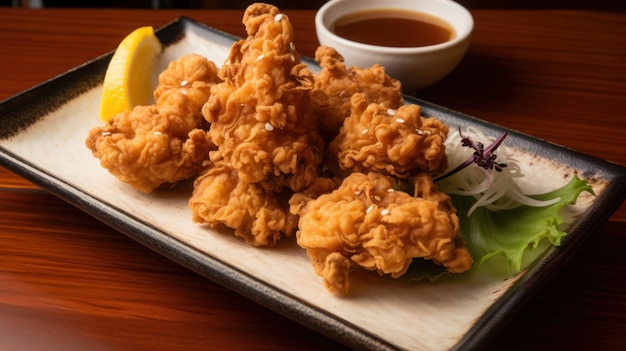 A plate of fried chicken with a bowl of sauce next to it.